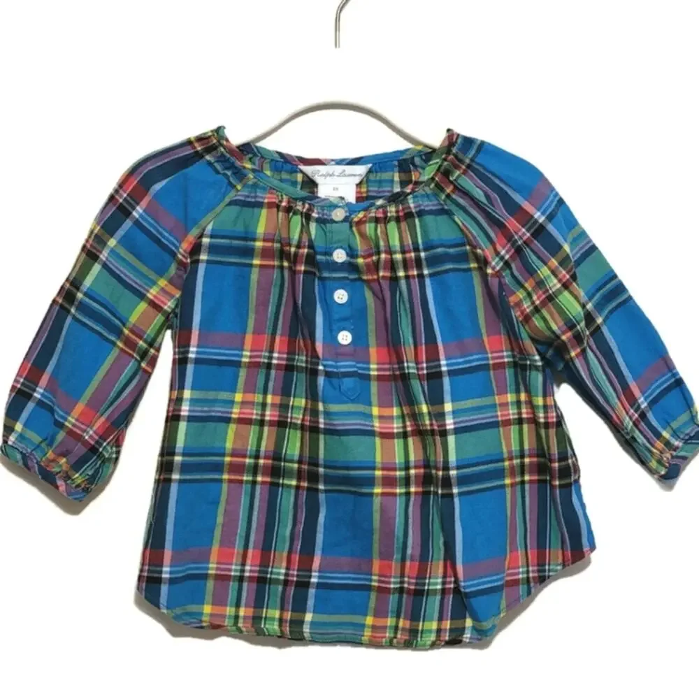 Ralph Lauren Baby Girl Madres Plaid Smock Blue and Green Top Size 6 Months